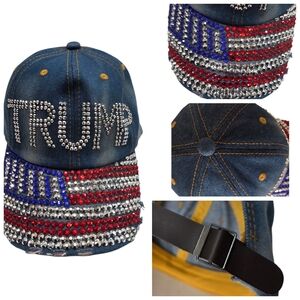 TRUMP Studded Rhinestones Flag Distressed Denim Baseball Hat Silver Blue Red NEW